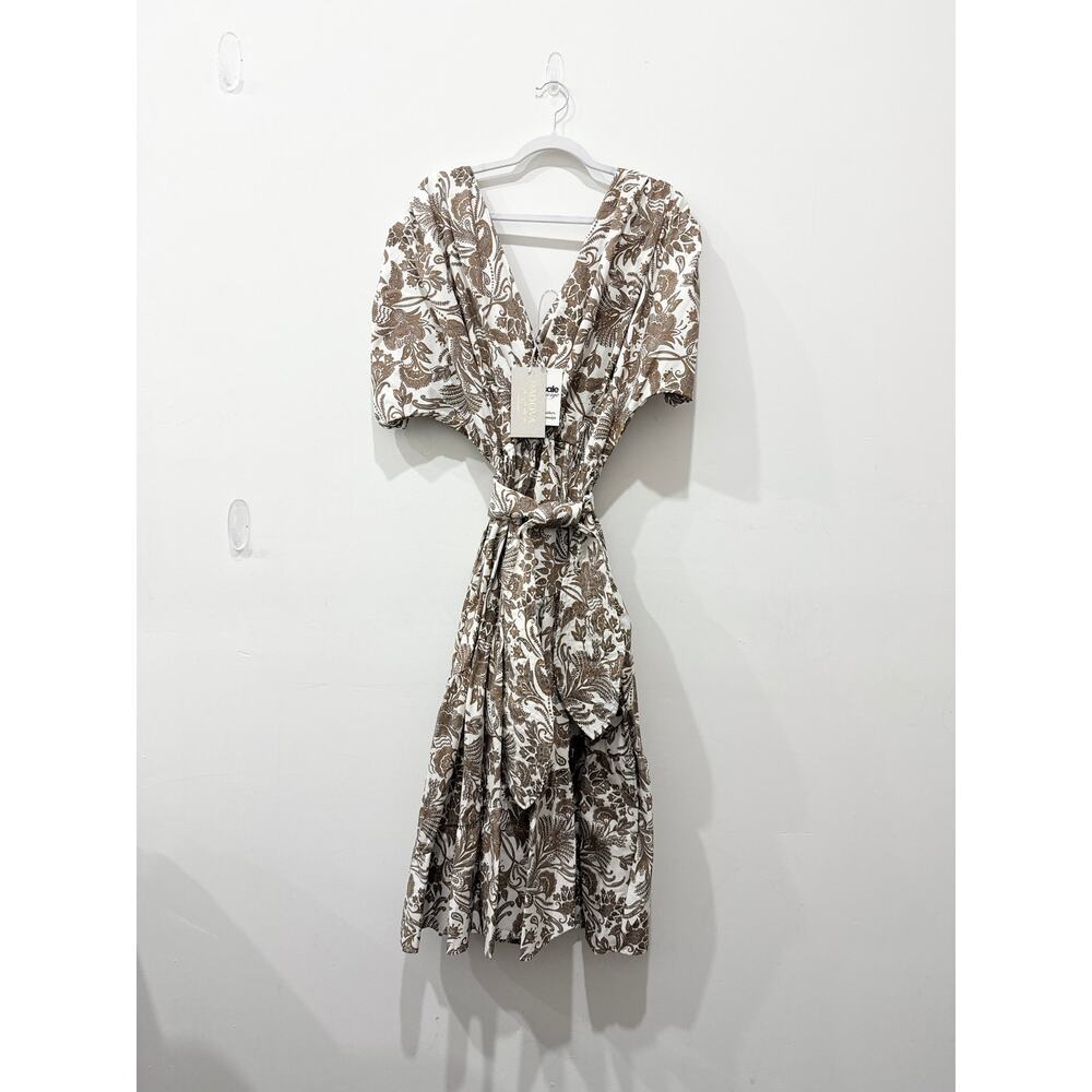 NWT Padova Floral Short Sleeve V-Neck Long Maxi Dress White Brown Womens Size 12